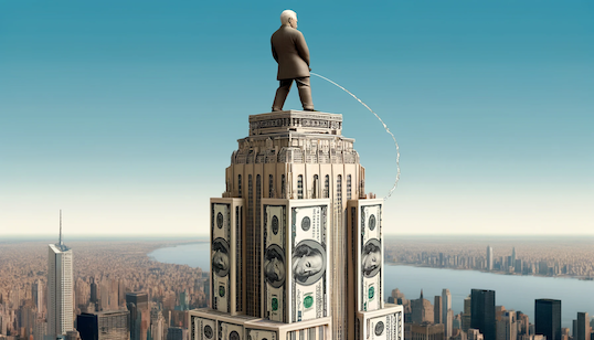rich guy peeing off a building